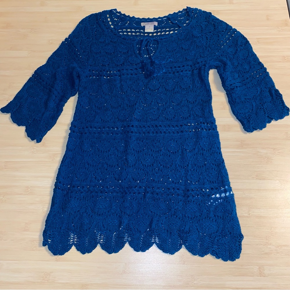 LUCKY BRAND Blue V-Neck 3/4 Sleeves Crochet Lightweight Boho Sweater Size Medium